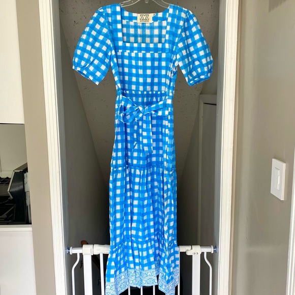 SOLD SZ Blockprints Tuckernuck Divya Cotton Midi Puff Sleeve Dress Gingham Blue - Picture 12 of 14